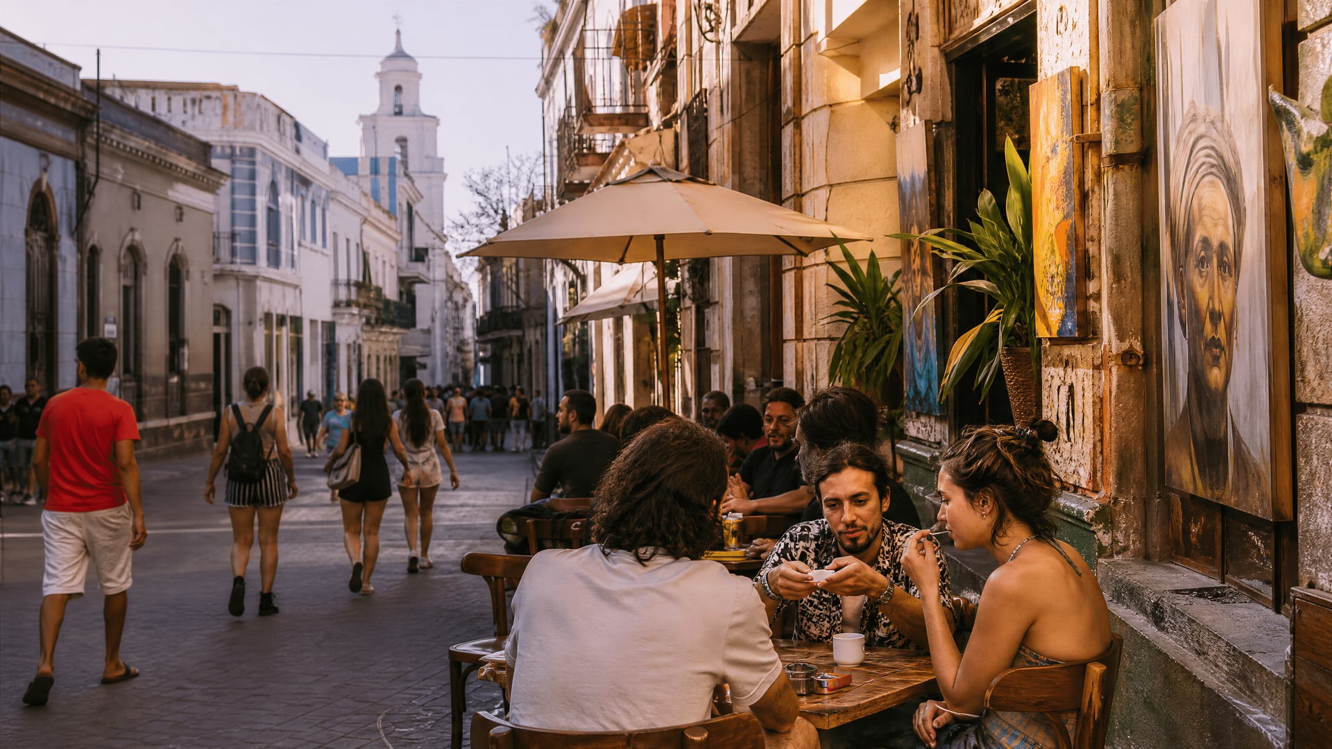 Ciudad Vieja street in Montevideo with cafes, façades, and cannabis social club context