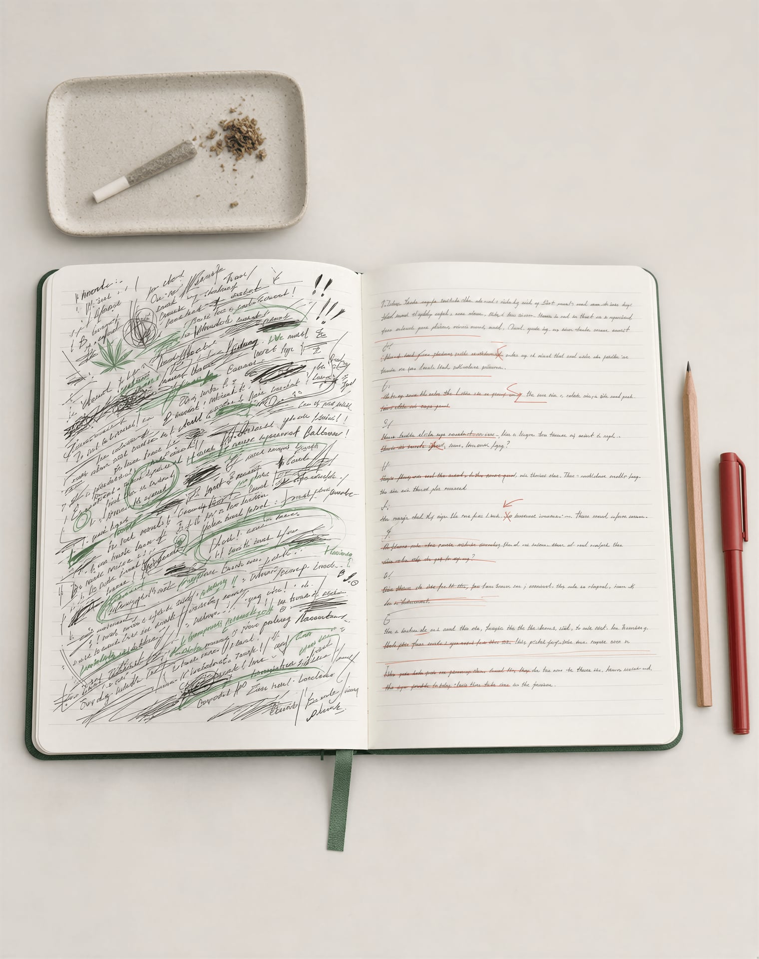 Notebook pages comparing intoxicated brainstorming with next-day revisions beside a cannabis joint