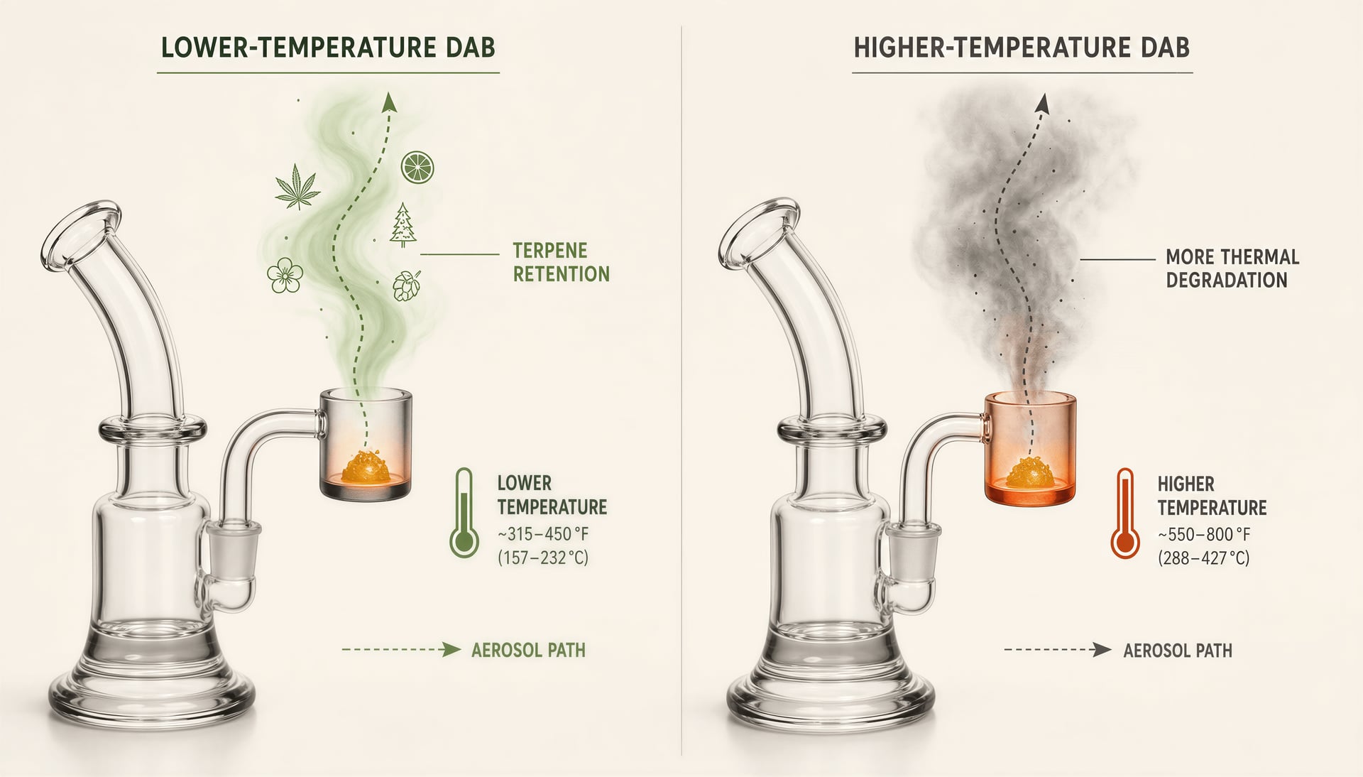 Diagram comparing lower-temperature and higher-temperature dabbing of the same concentrate.