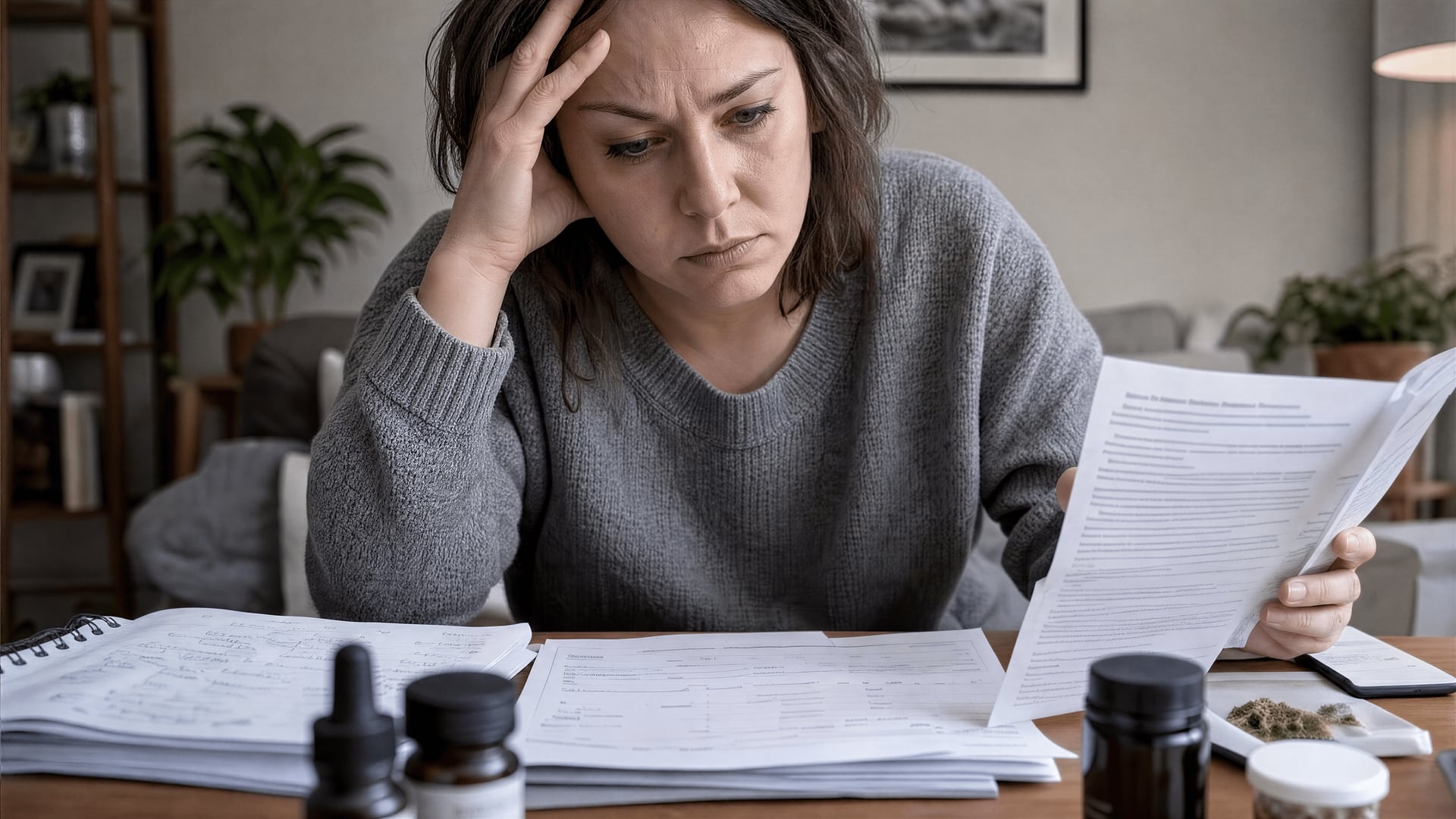 Patient reviewing symptom journal, clinic notes and cannabinoid medicine leaflet at home