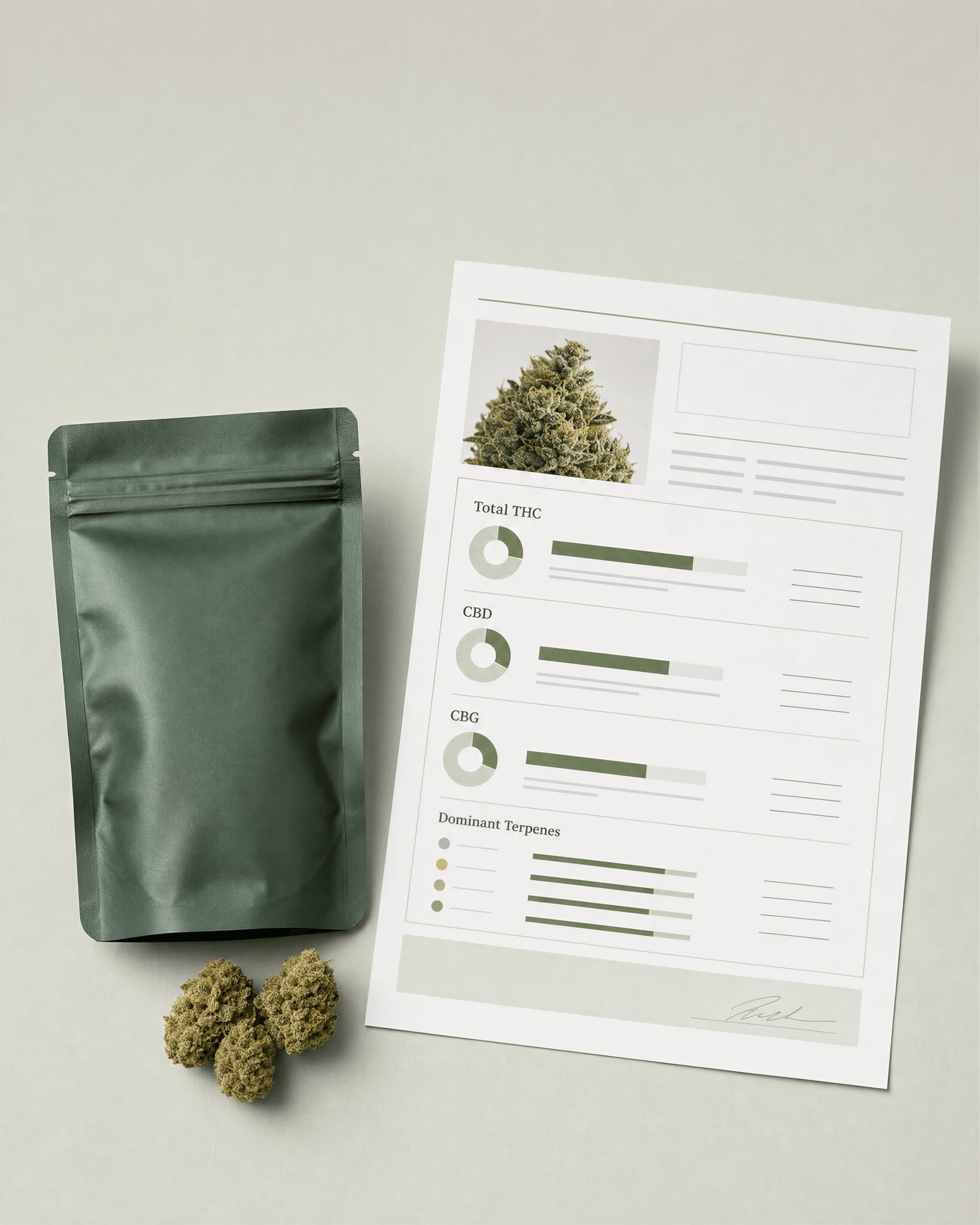Cannabis package next to a certificate of analysis listing THC, CBD, CBG, and terpenes