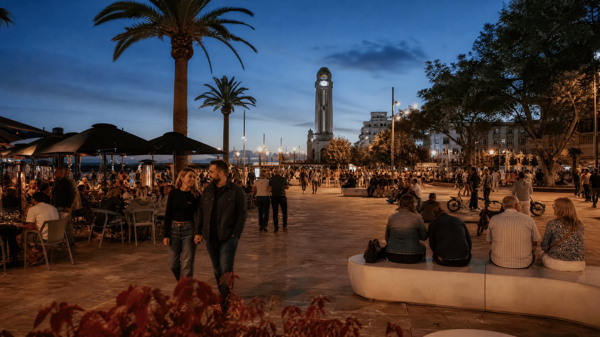 Evening plaza in Santa Cruz de Tenerife with local nightlife and social culture