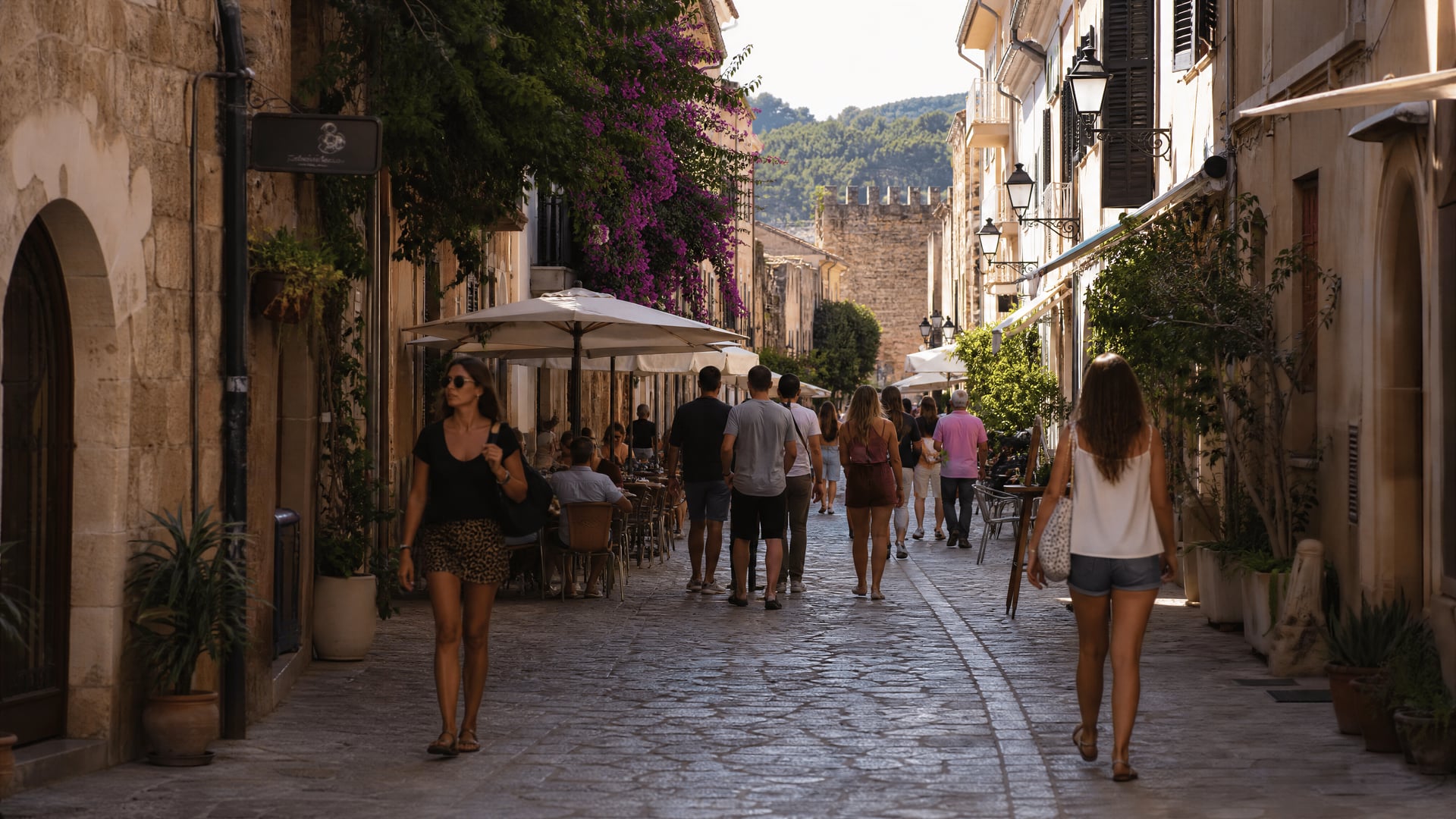 Calle residencial de Alcúdia con peatones y contexto de club social de cannabis