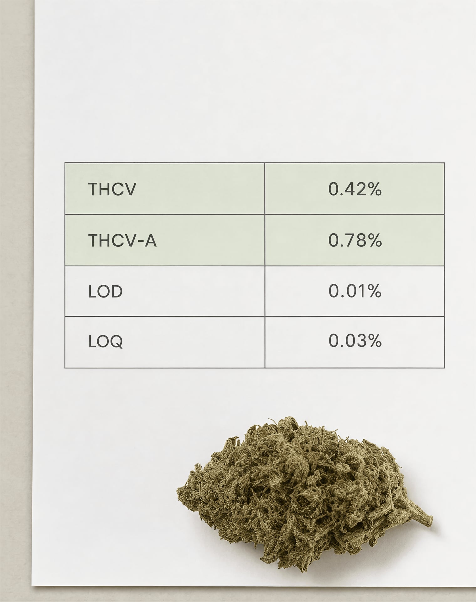 Certificate of analysis listing THCV and THCV-A next to a dried cannabis flower sample.