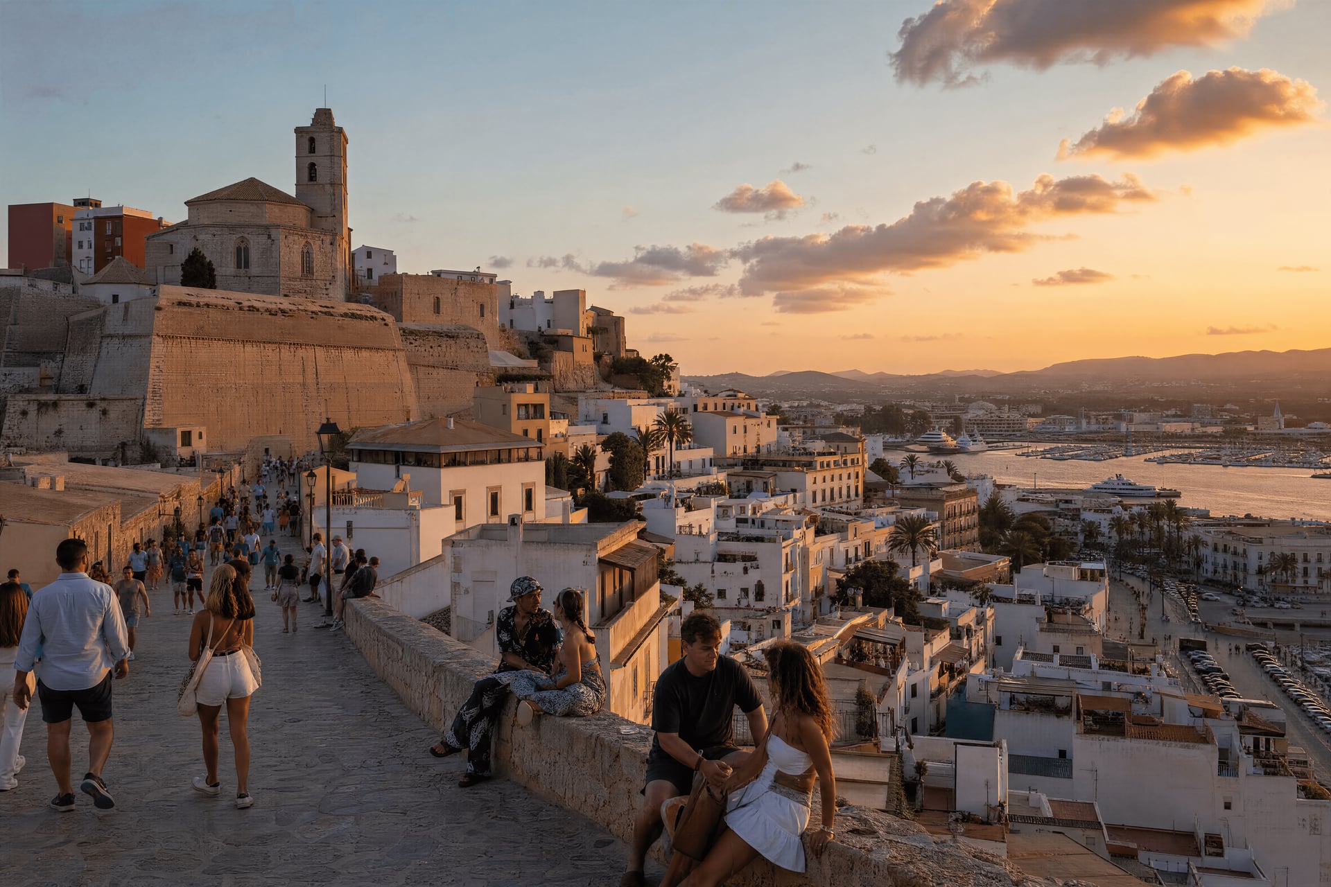 Evening Dalt Vila skyline in Ibiza with cannabis social club context