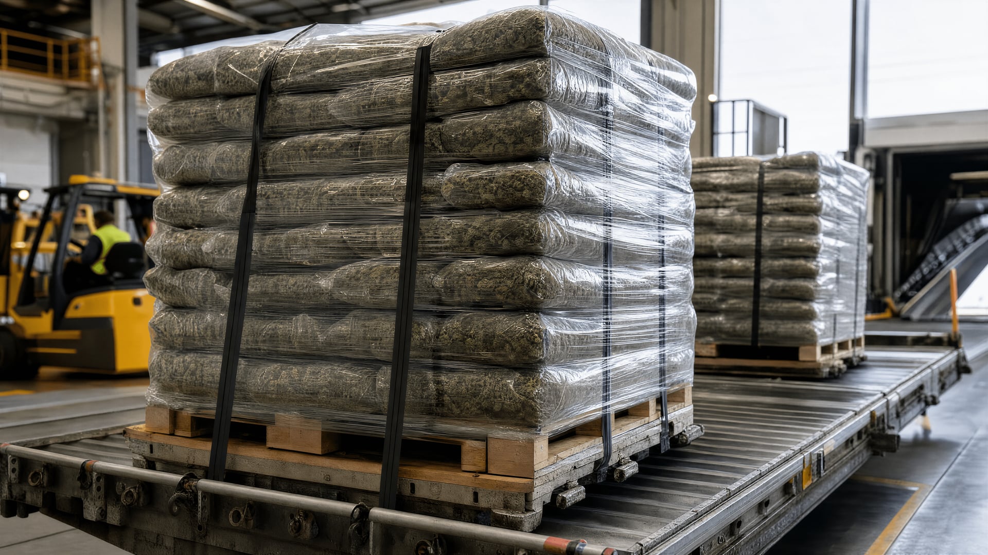 Pallets of medical cannabis products at a European Union pharmaceutical cargo terminal