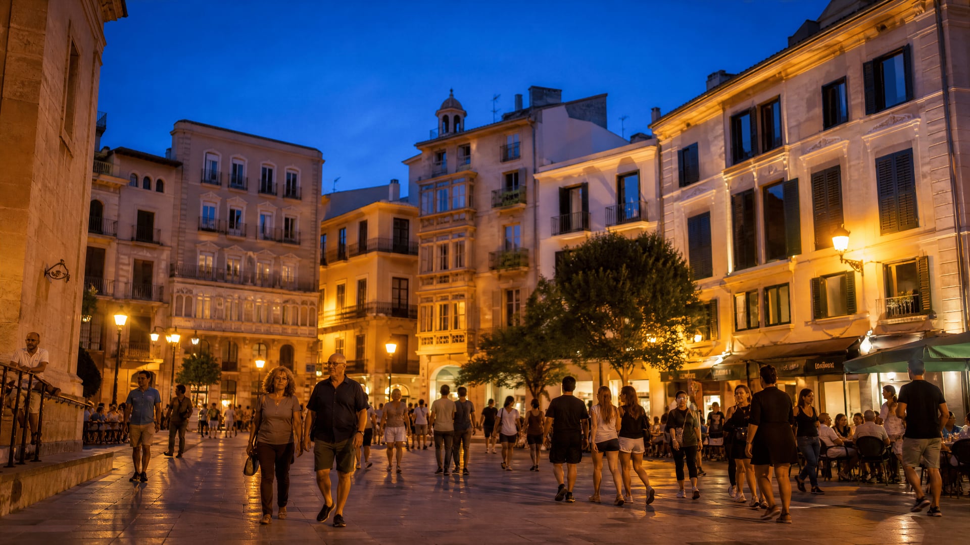 Late evening plaza in Majorca with locals crossing beneath historic facades