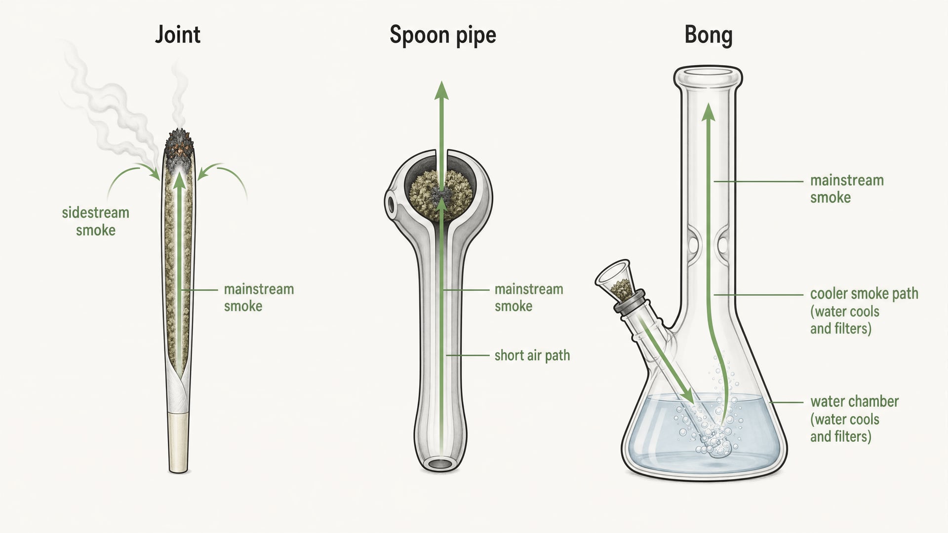 Diagram comparing a joint, spoon pipe, and bong by smoke path, cooling, and sidestream smoke