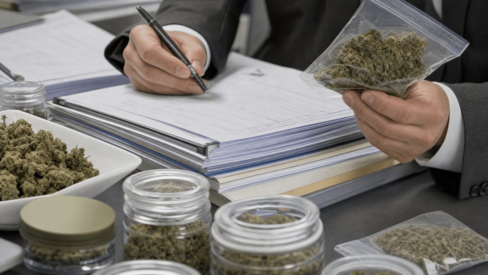 中立的なオフィスのデスクに置かれた規制文書と大麻の花のサンプル。