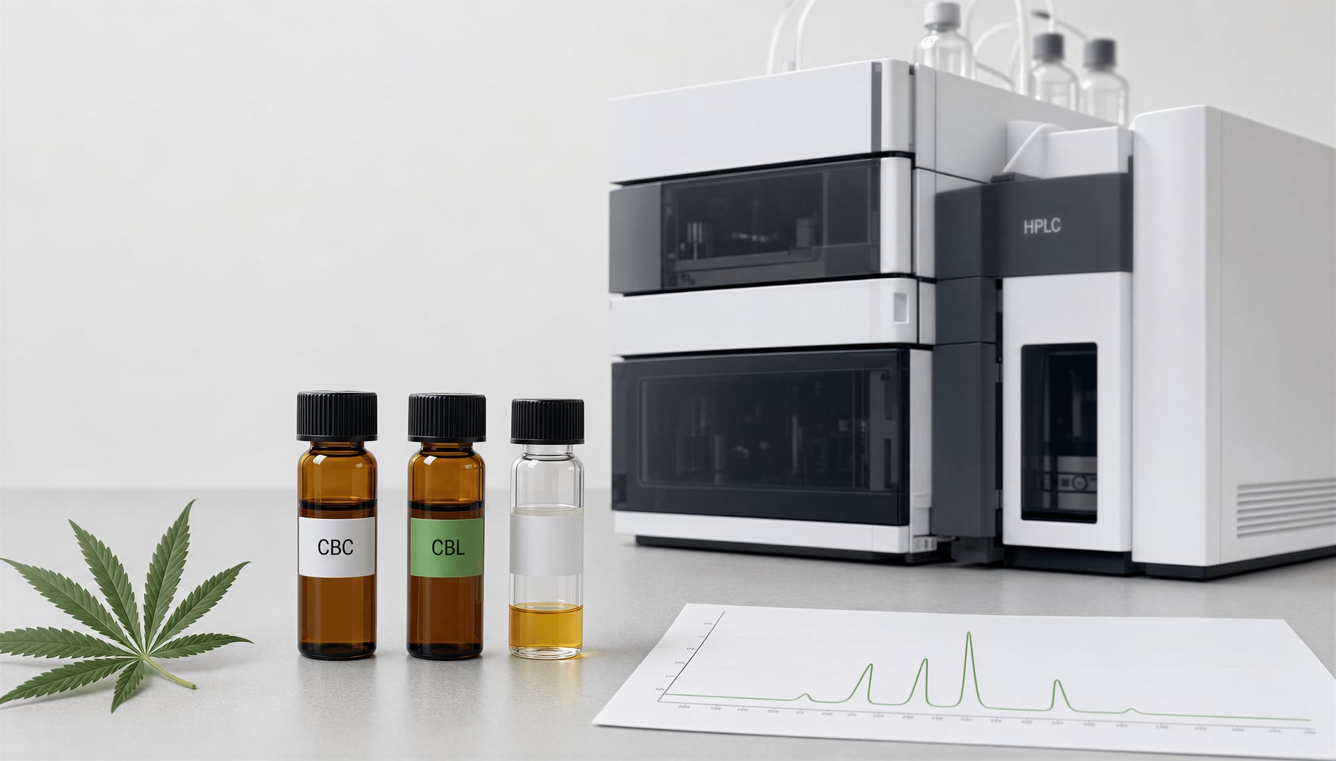 Cannabis extract vials next to an HPLC instrument used for trace-cannabinoid analysis.
