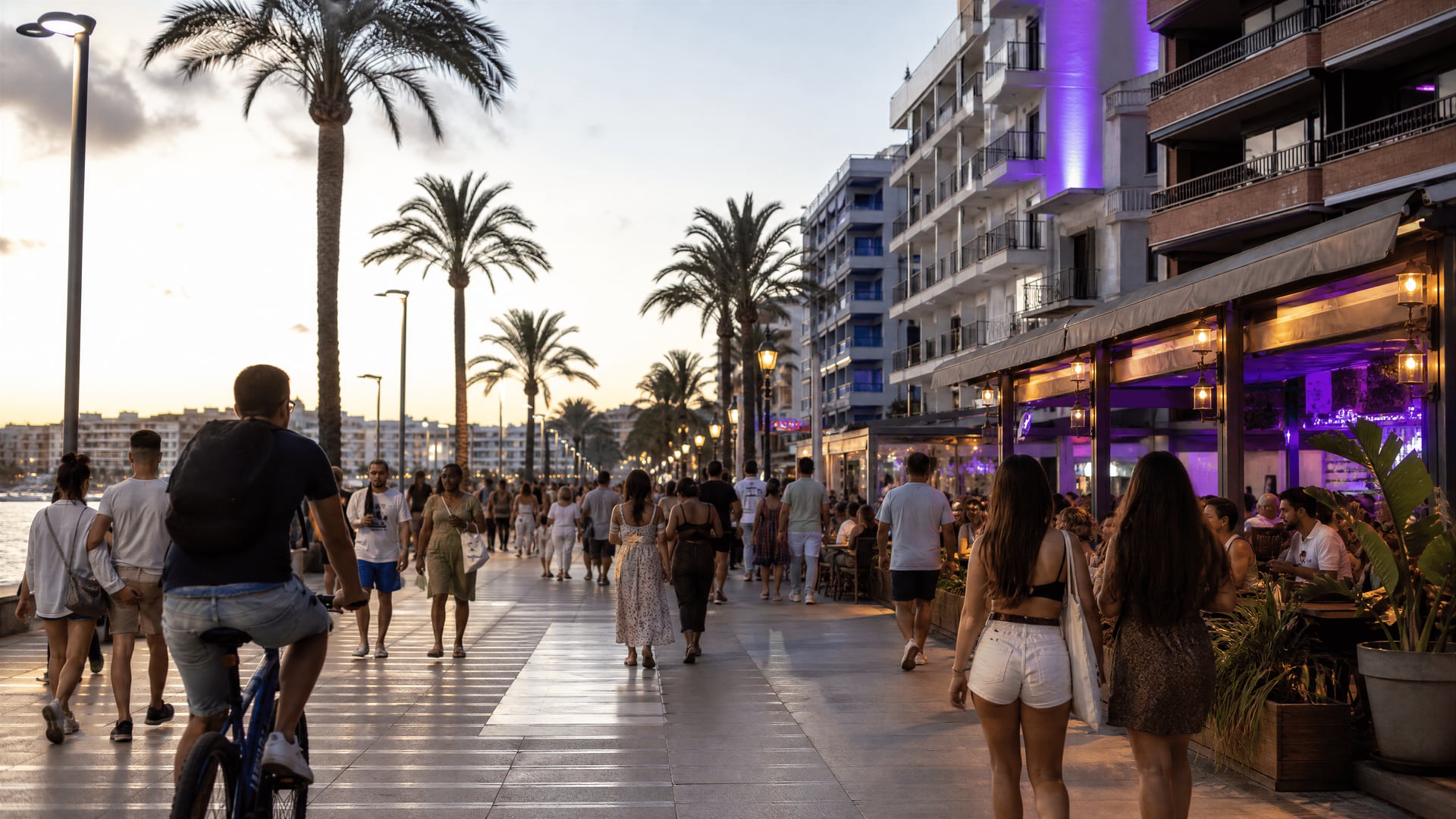 Passeio de Sant Antoni de Portmany com transeuntes, bicicletas e vida nocturna a ganhar vida