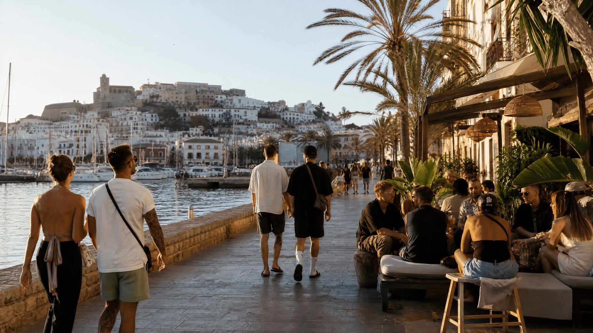 Ibiza harbor walk with locals and clubs atmosphere near the waterfront