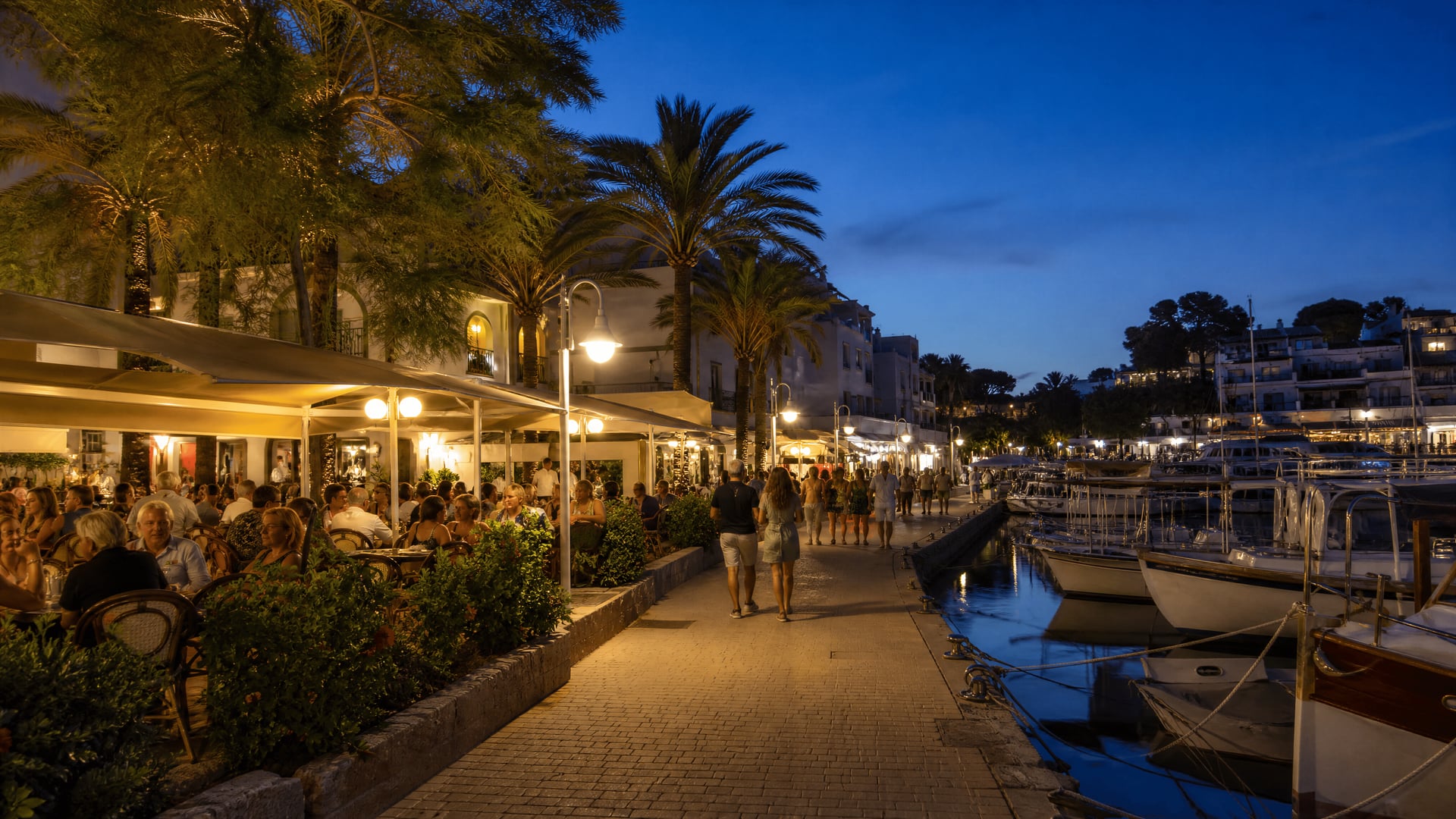 Cala d'Or marina night scene with bars, promenade lights, and local social life