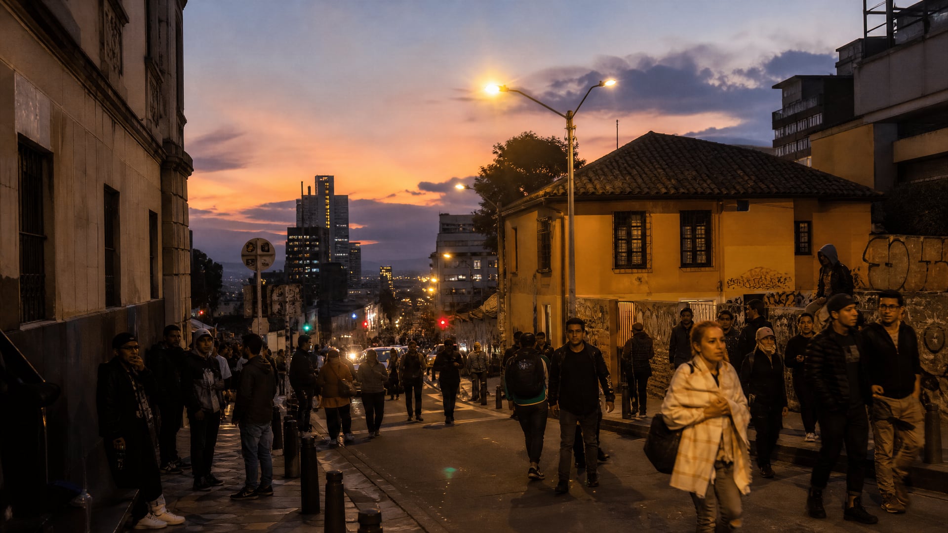 Bogotá dusk streets with Colombia kannabisz szociális klub neighborhood life