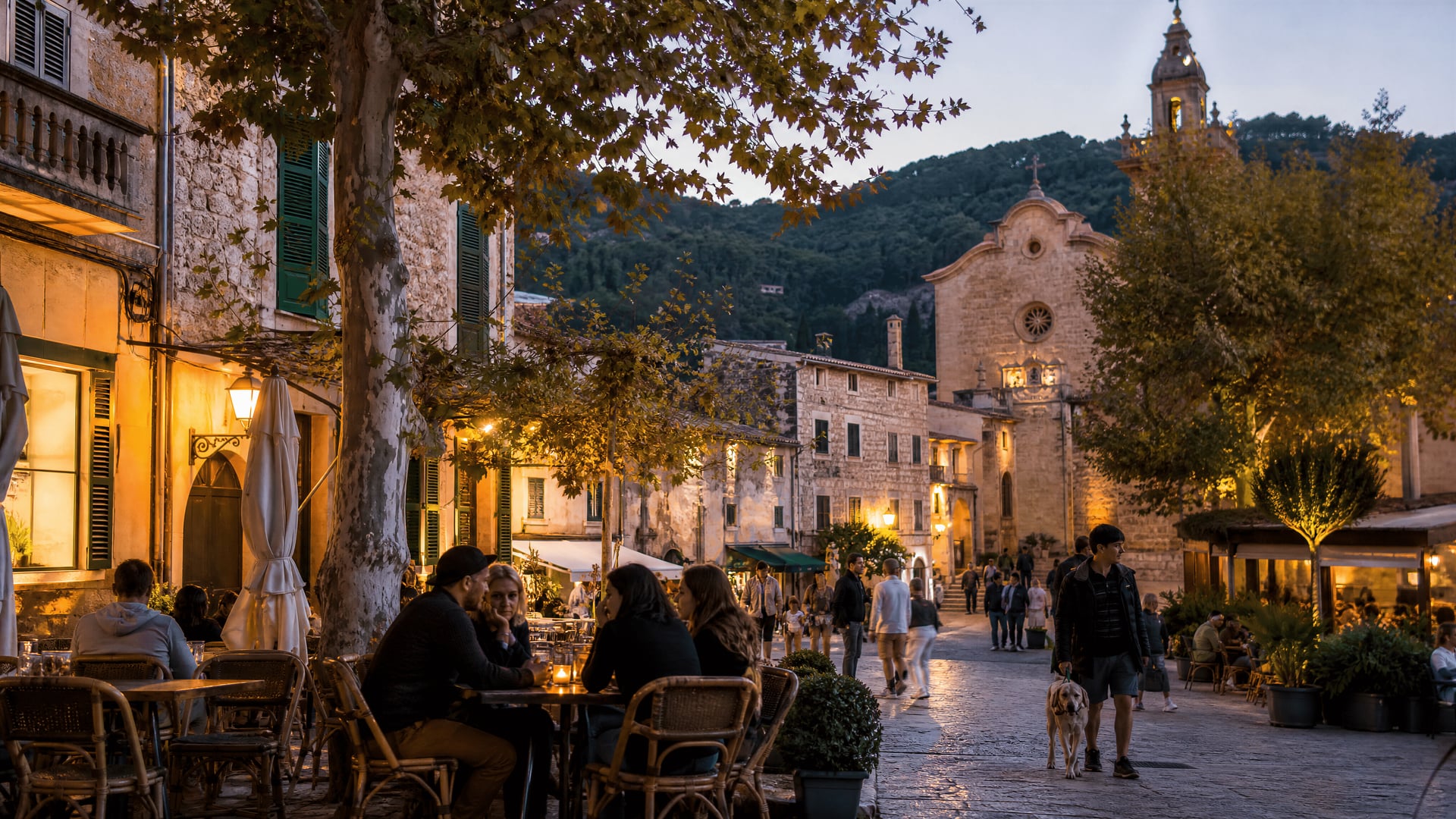 Place de Valldemossa au crépuscule avec cafés, habitants et ambiance paisible de club social de cannabis