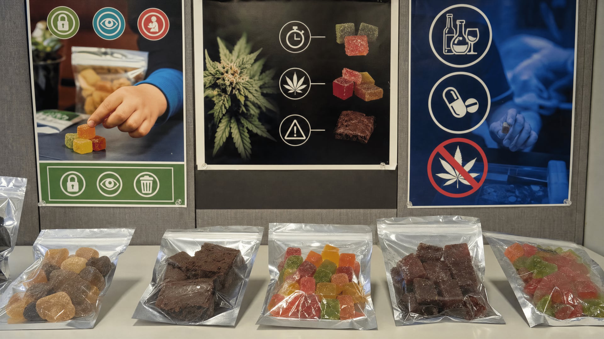 中性办公环境中密封的食用大麻制品旁的公共卫生公告栏。