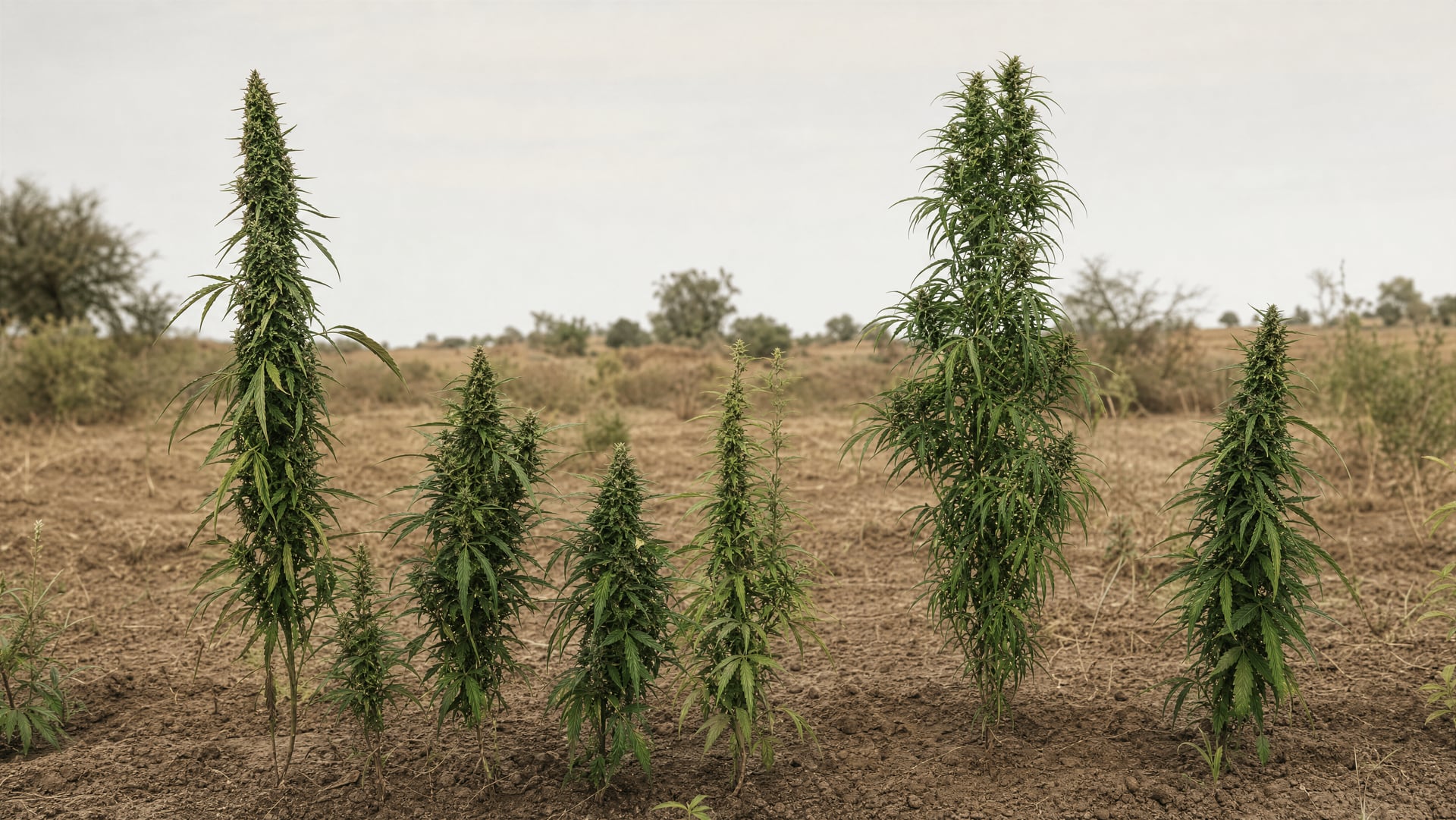 Diverse cannabis plants growing in a simple outdoor field, representing landrace germplasm linked to CBDV.