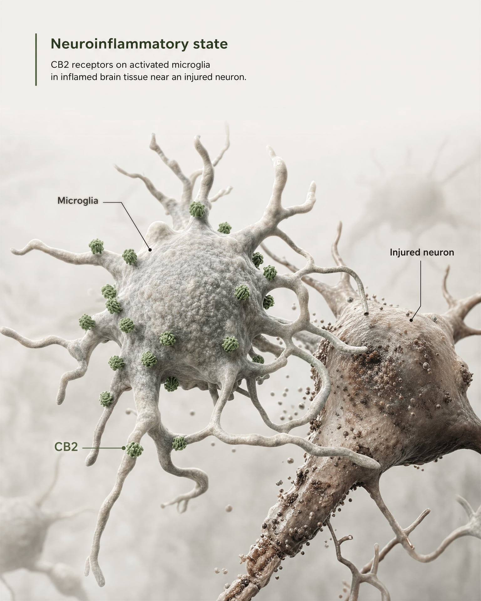 Illustration of activated microglia carrying CB2 receptors beside a damaged neuron in inflamed brain tissue.