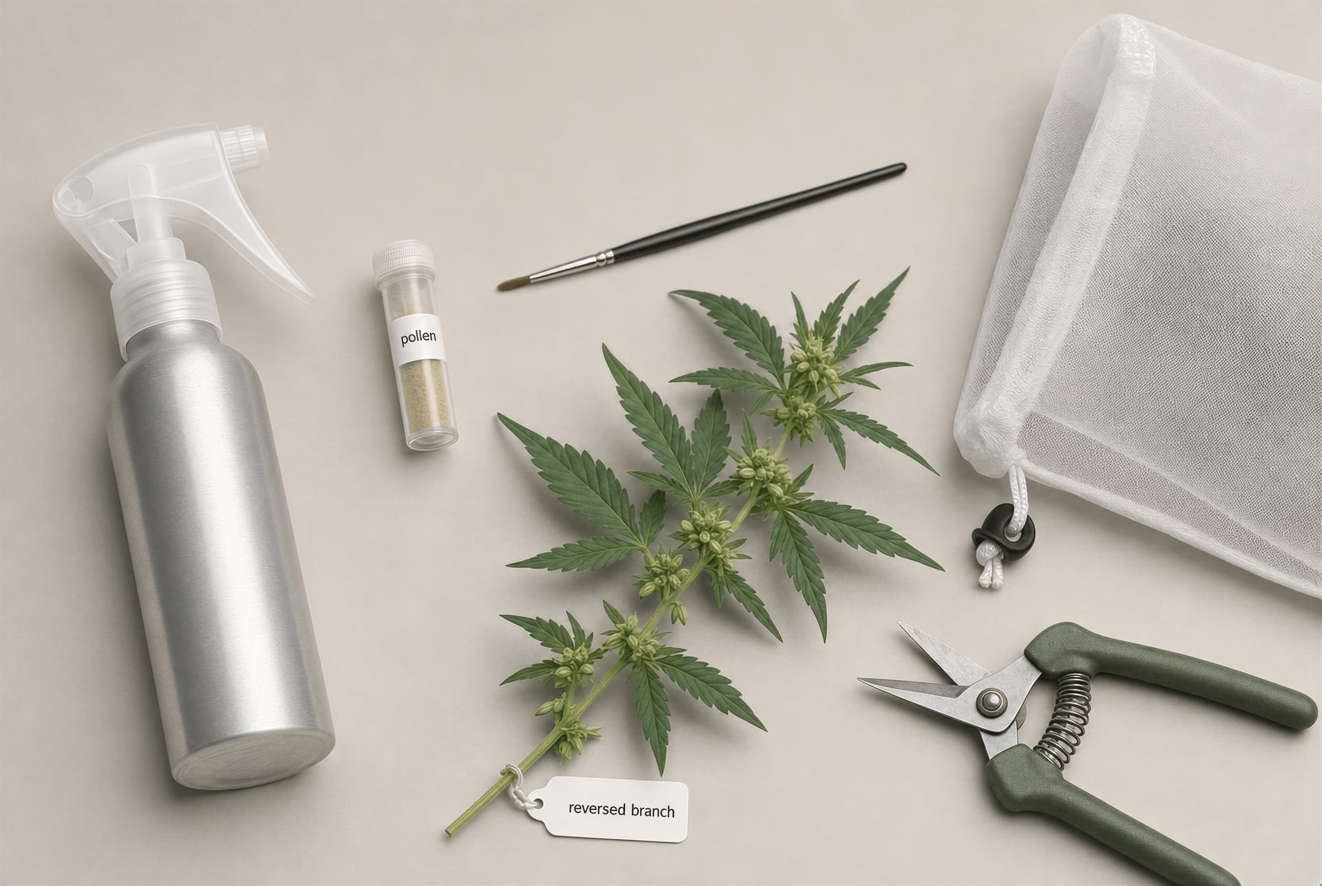 Studio arrangement of cannabis pollination and reversal tools used for feminized seed production