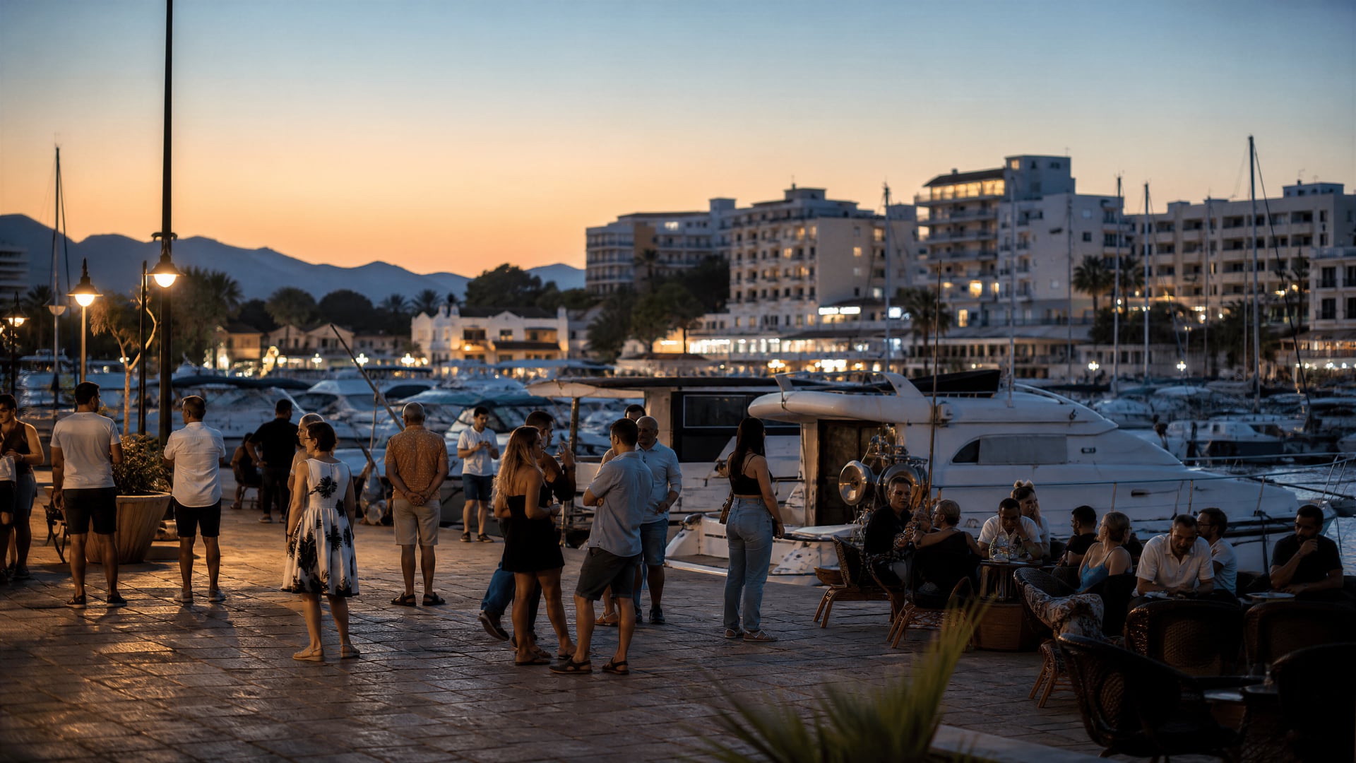 Serata al porto turistico di Cala Ratjada vicino alla cultura dei club sociali della cannabis e alla vita sul lungomare