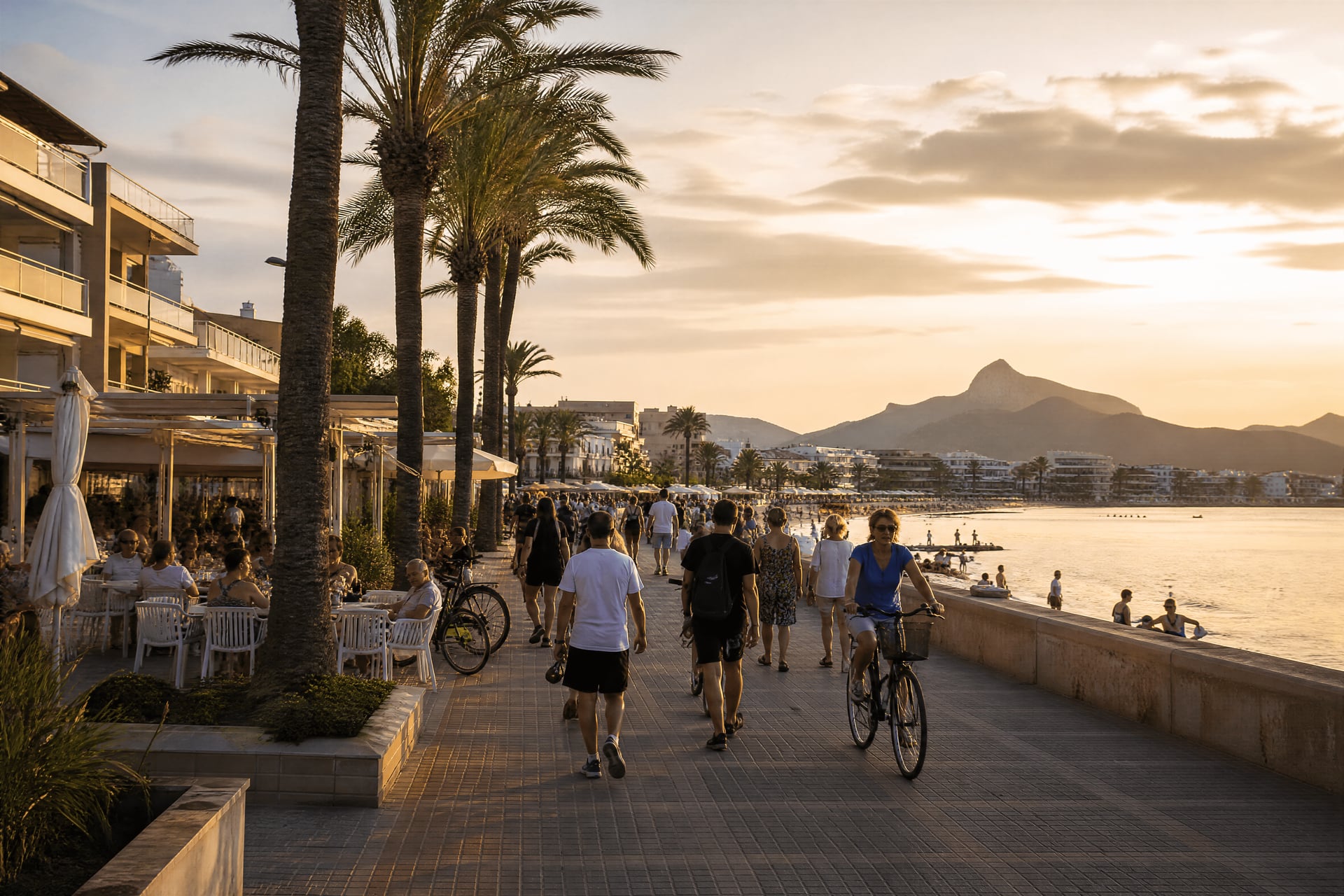 Waterfront evening in Playa de Alcúdia with cannabis social club context and local life