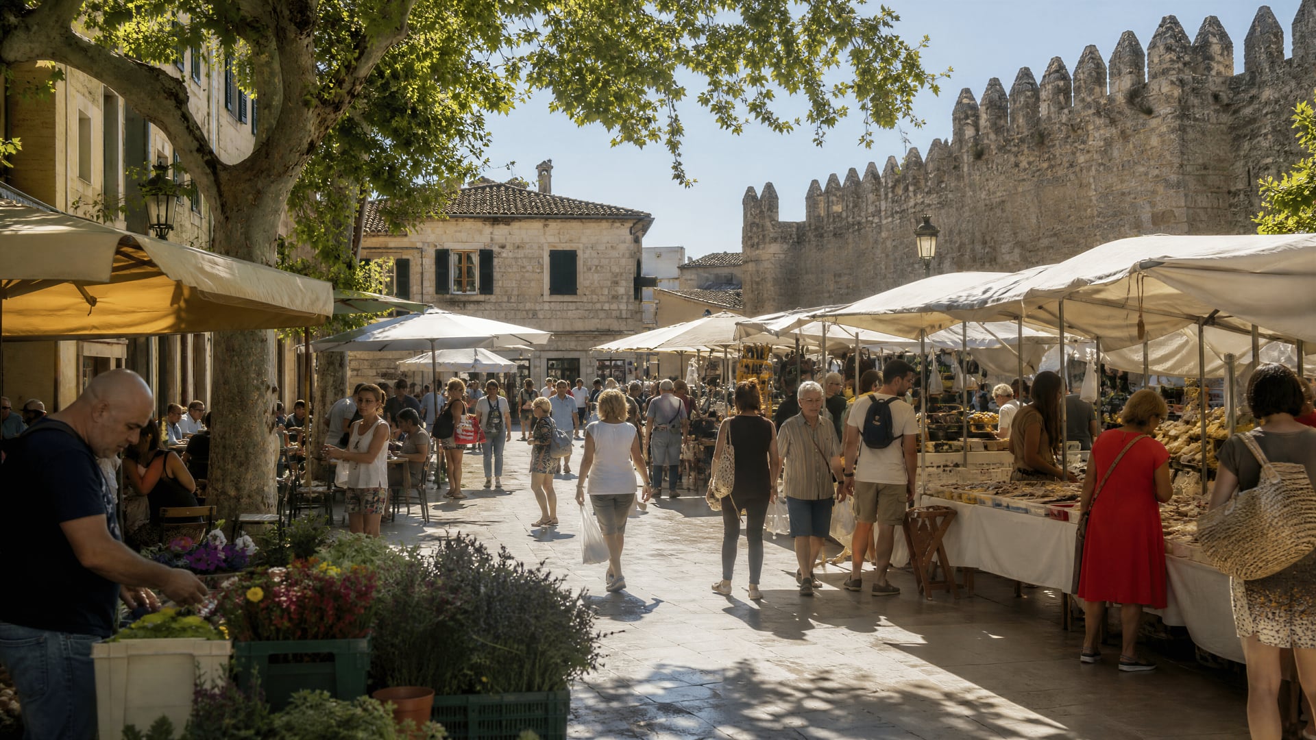 Escena de mercado en la plaza de Alcúdia con vecinos y vida cotidiana de barrio