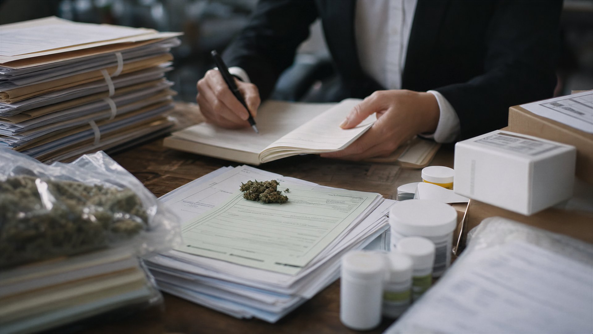 Editorial illustration of medical paperwork, a ledger and logistics documents representing cannabis prescription policy.