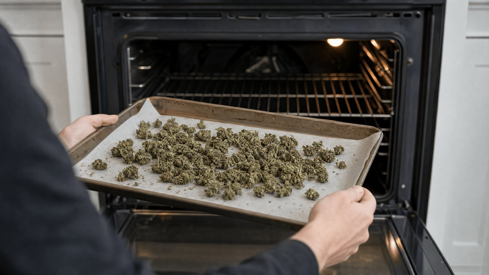 Baking tray of cannabis flower beside a home oven prepared for decarboxylation