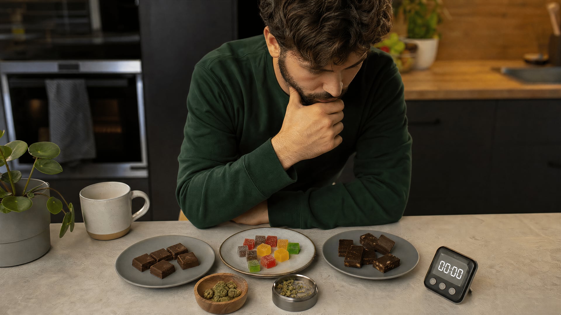 A kitchen counter with labeled cannabis edibles and a timer beside them