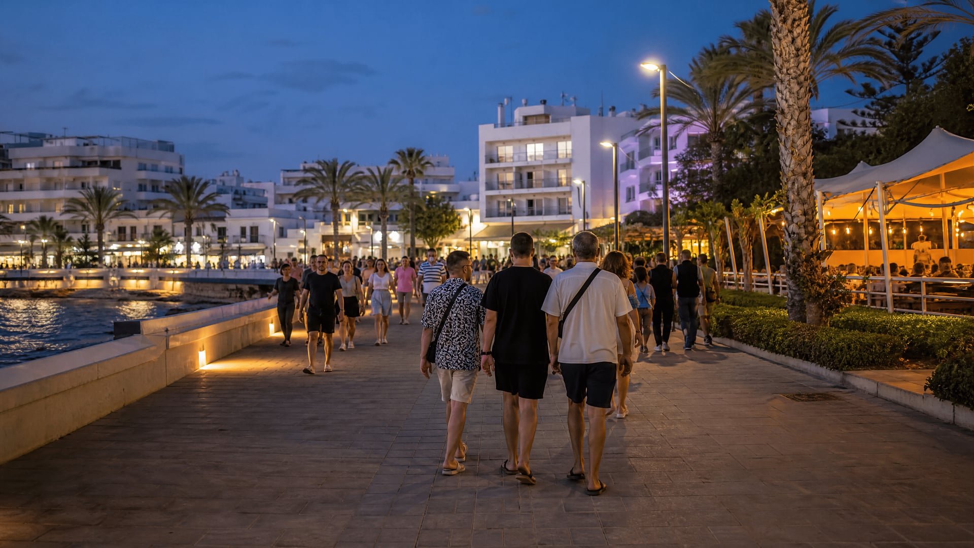 Passeio da baía de Sant Antoni de Portmany com vida noturna local e contexto de clube social de cannabis