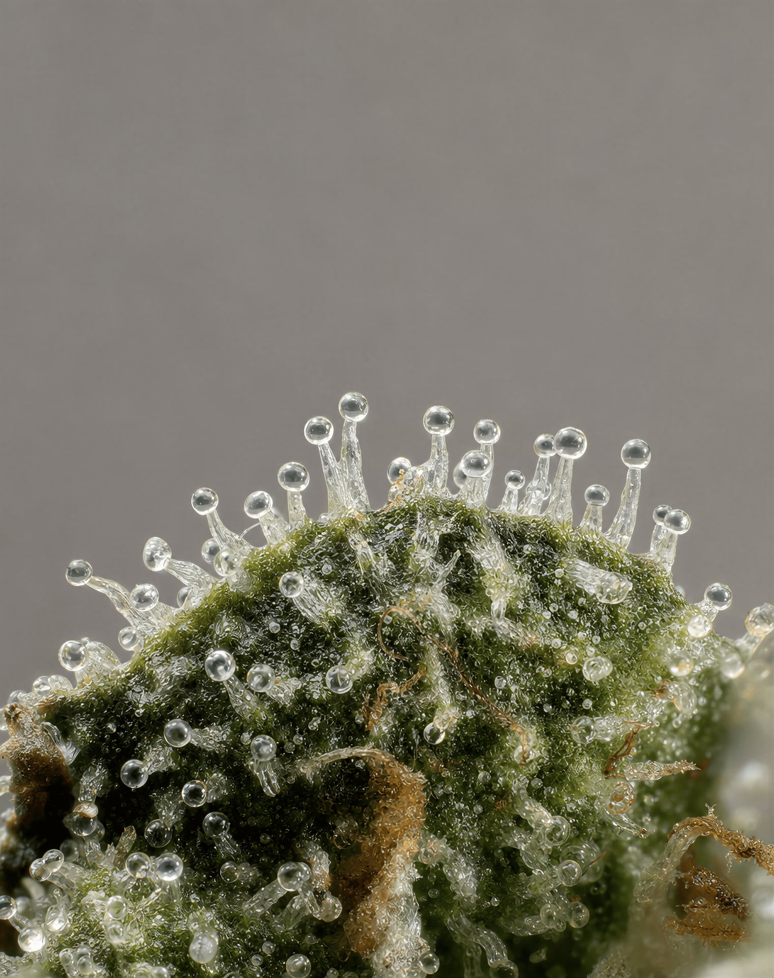 Close-up macro view of resinous trichomes on a cannabis flower