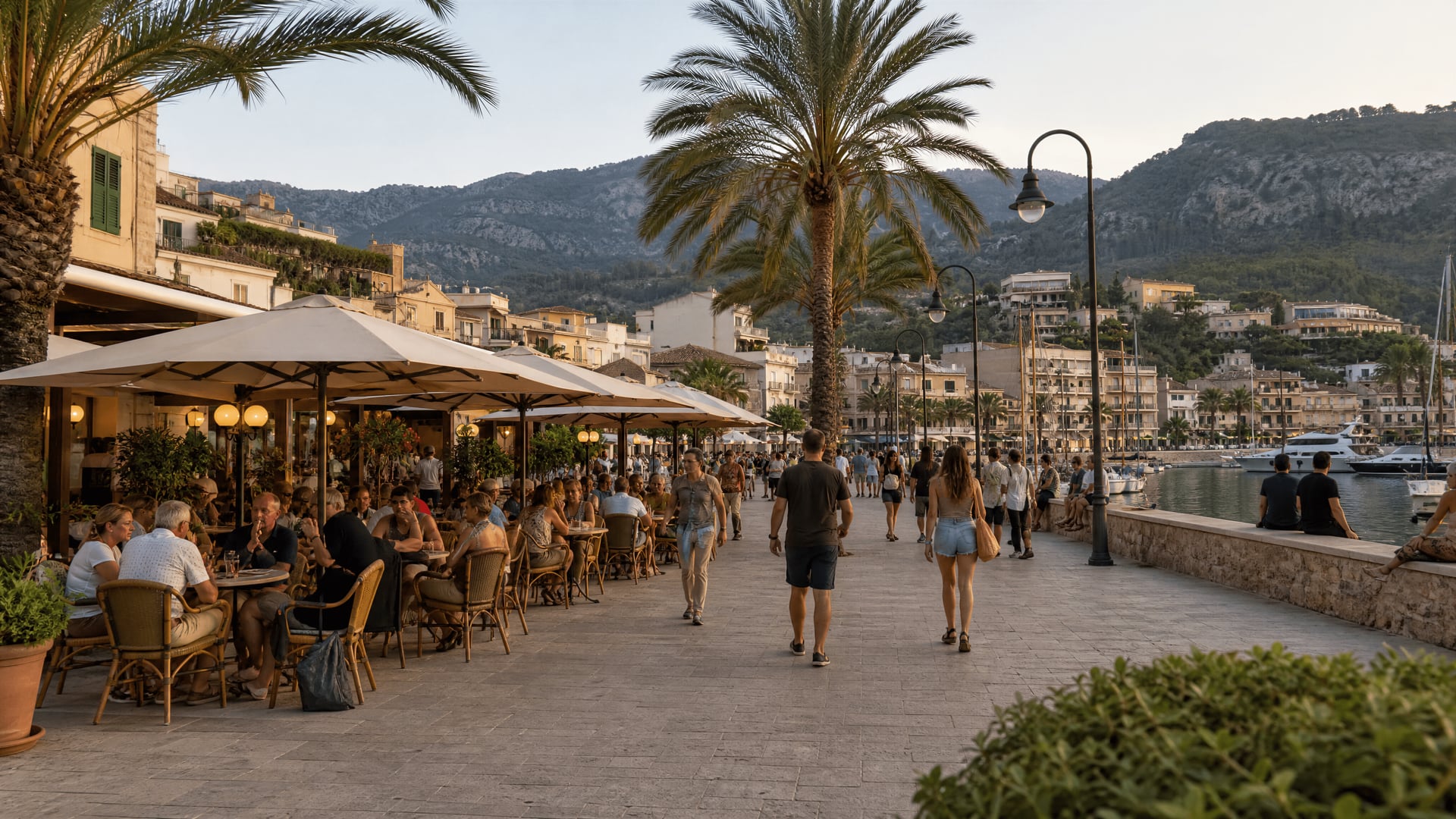 Zona ribeirinha de Port de Sóller com contexto de clube social de canábis e vida local do passeio marítimo