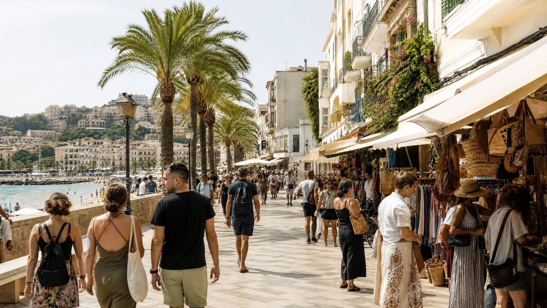 Passarela movimentada de Calvià com energia de mercado e contexto de bairro de clube de canábis