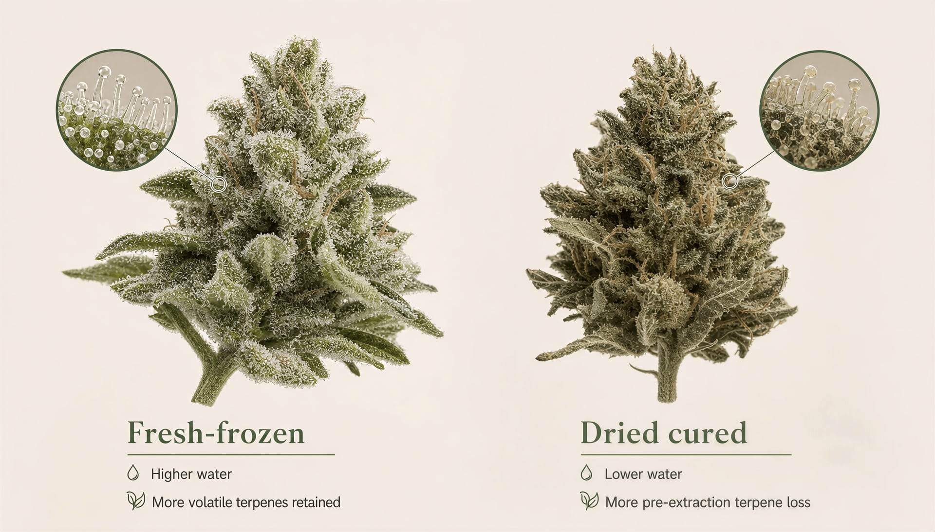 Comparison of fresh-frozen cannabis and dried cured flower with differences in moisture and trichome condition