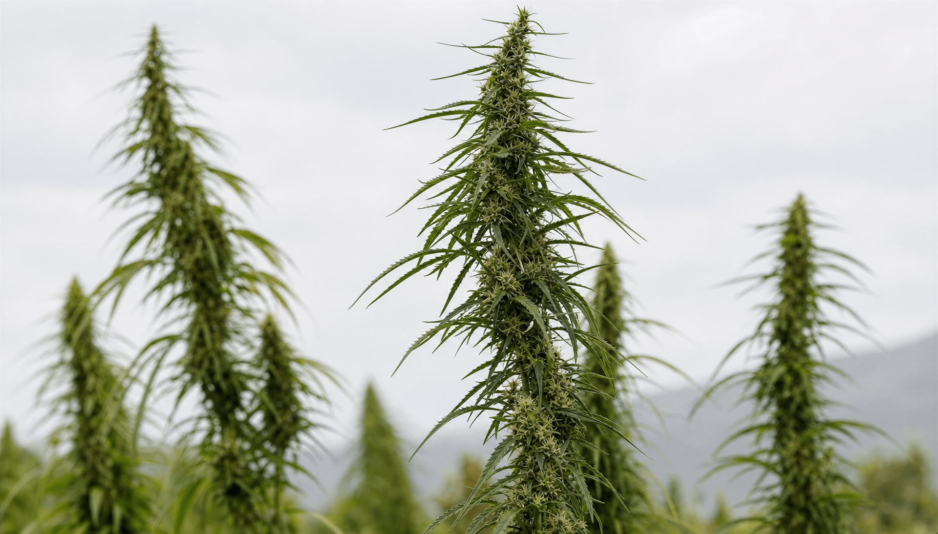 Tall narrow-leaf cannabis plants growing outdoors in a field setting.