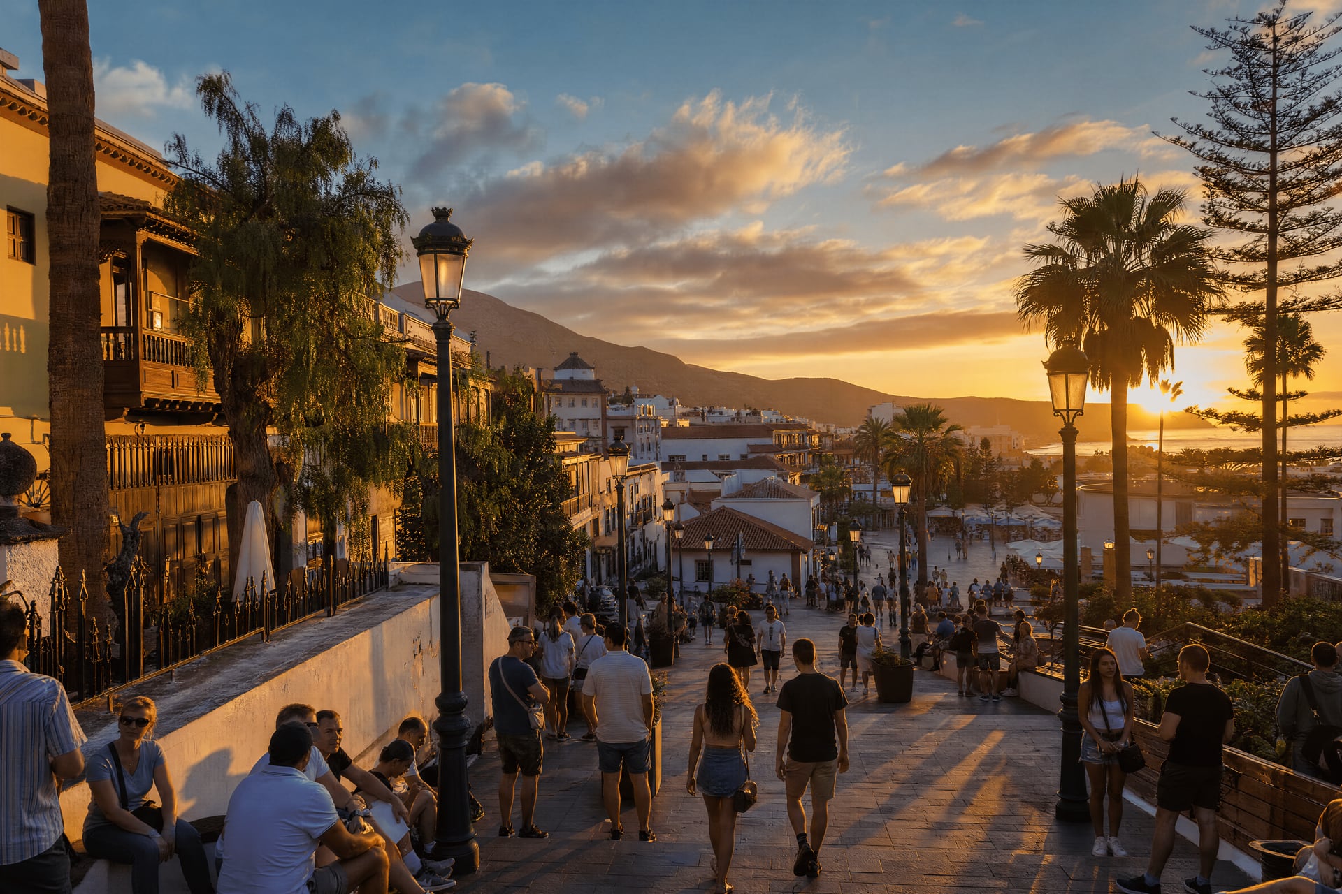 Evening street life in Adeje, Spain with cannabis social club context and local neighborhood energy