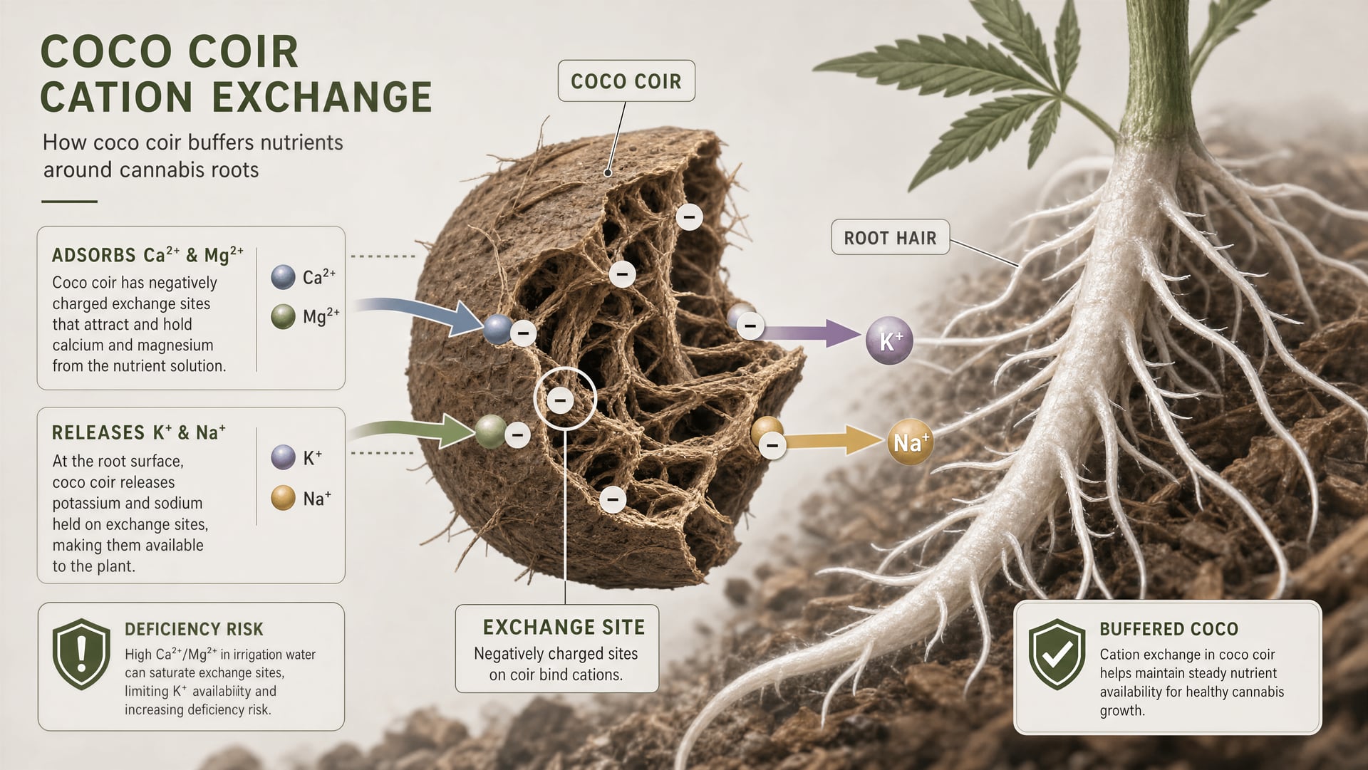Schematic of coco coir exchange sites binding calcium and magnesium and releasing potassium and sodium near cannabis roots.