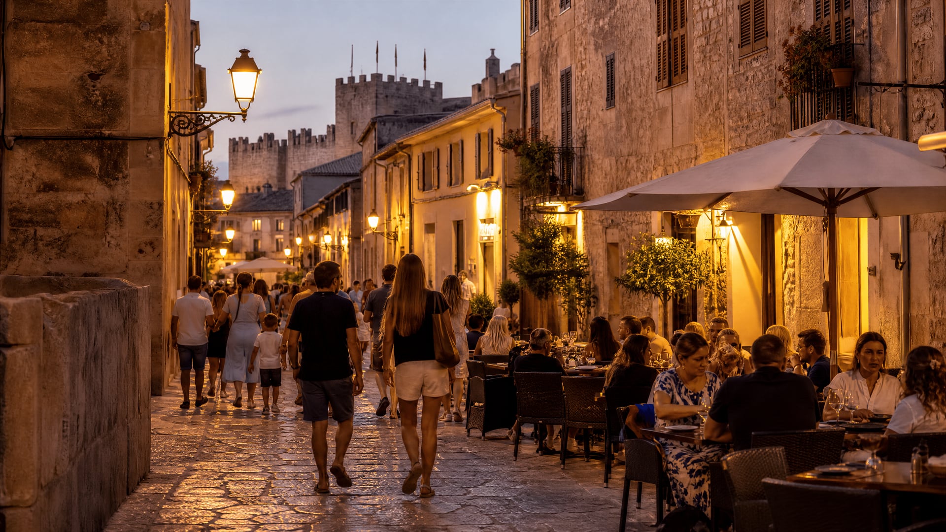Stone streets in Alcúdia old town with local evening walkers and club context