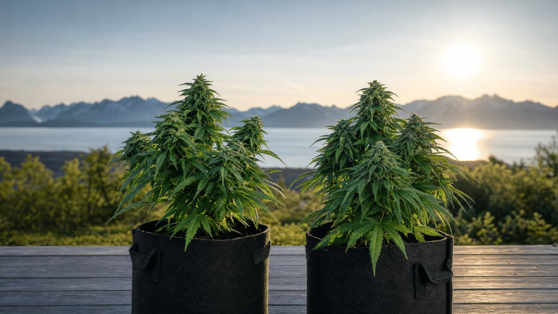 Compact flowering autoflower cannabis plants outdoors under long northern summer daylight