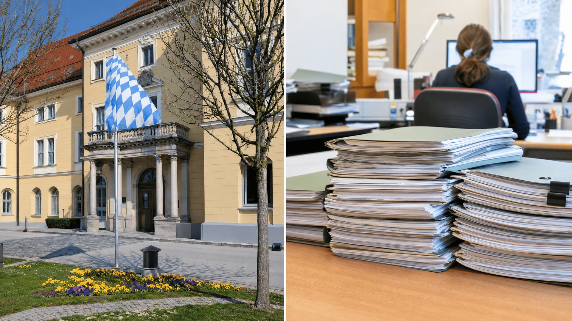 Bavarian government or administrative office with building permit files related to a cannabis club on the desk.