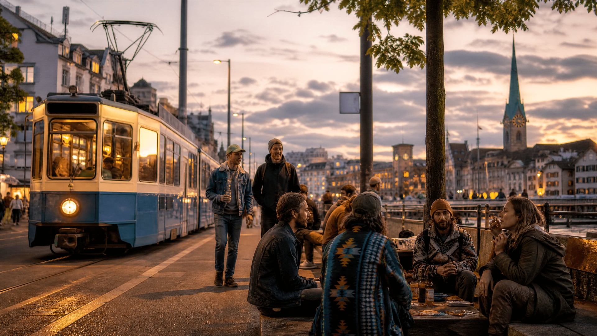 Swiss tram at dusk with cannabis social club neighborhood life