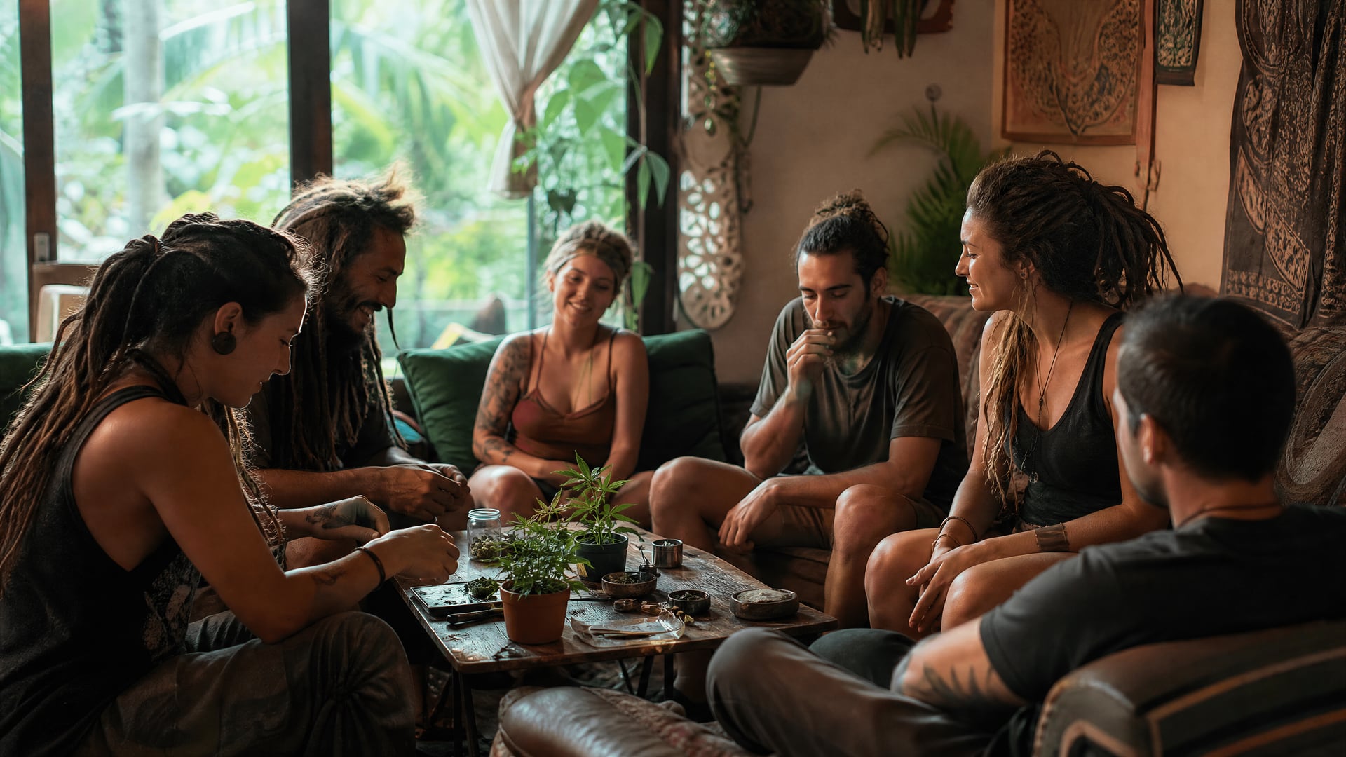 Lounge alleen voor leden in Paguera met banken en sfeer van Cannabis Social Club