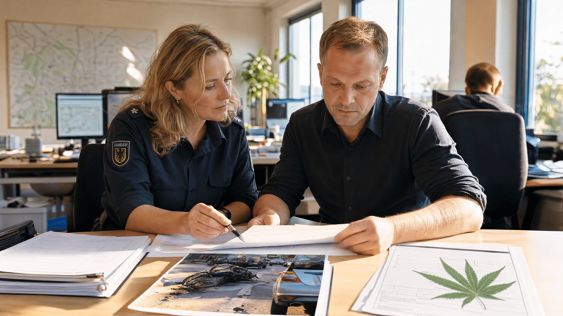 Traffic safety official reviewing crash statistics forms beside a roadside checkpoint