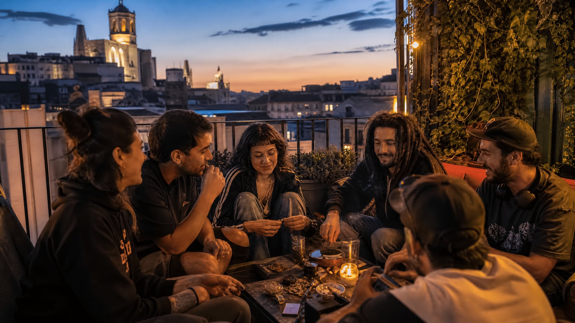 Girona terrace at dusk with members gathering in a cannabis social club atmosphere