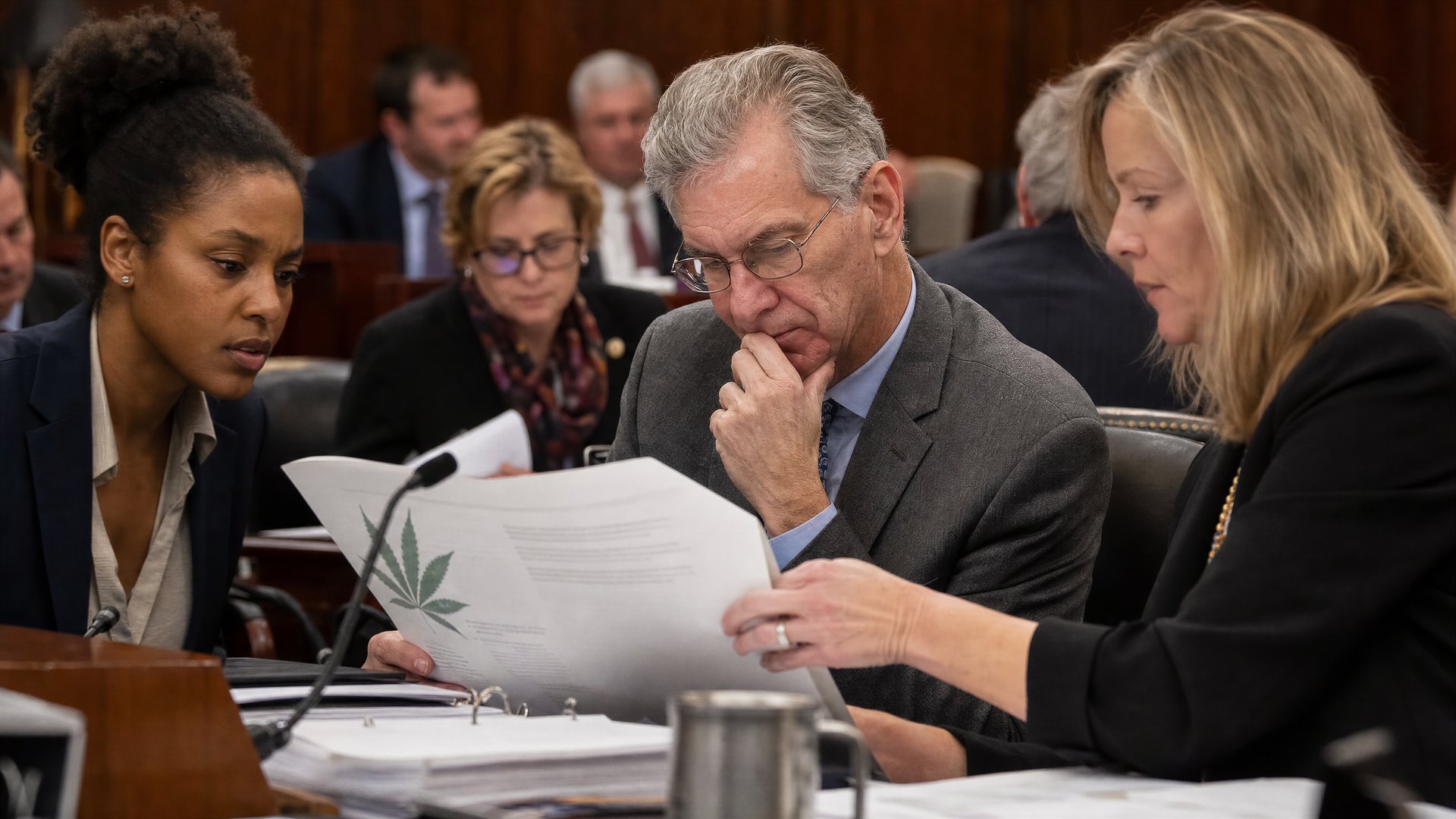 Lawmakers and policy documents in a committee room, neutral editorial scene about cannabis reform.