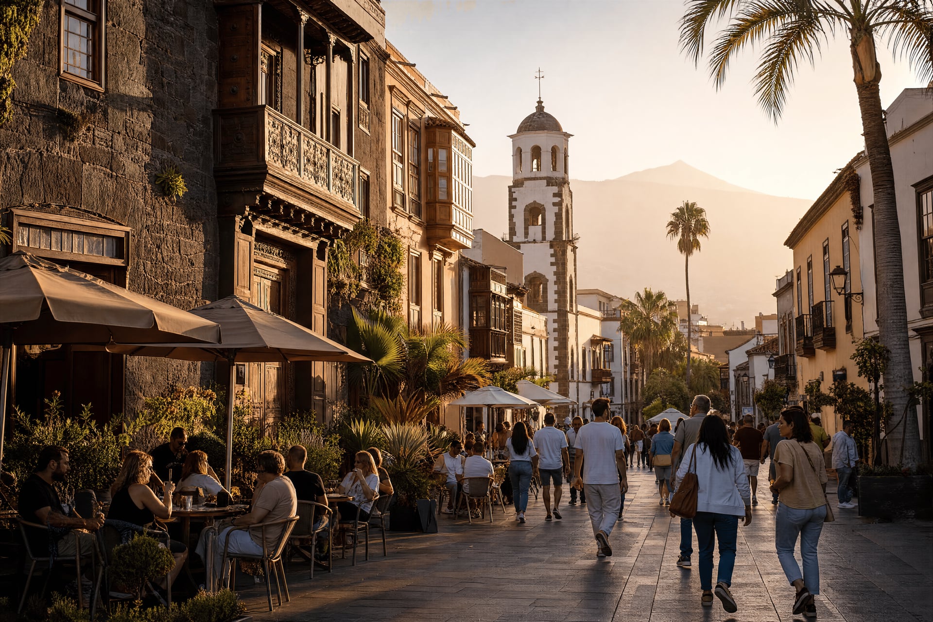 Bustling Tenerife street life near cannabis social club neighborhoods and evening culture