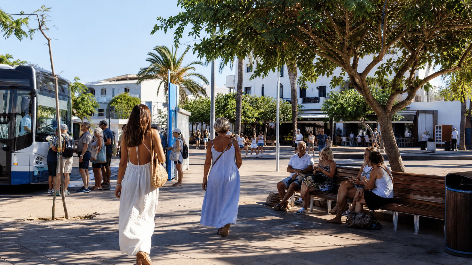 Cala d'Or bus stop and square life with everyday resort movement and club context