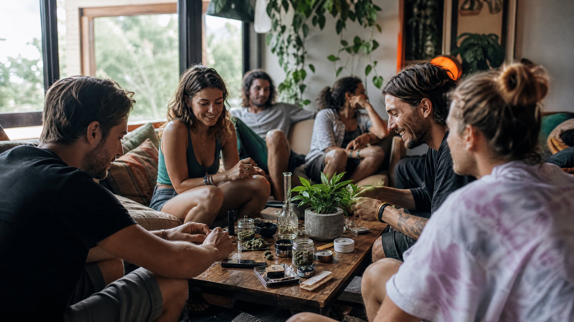 Members-only lounge in Cala d'Or with sofas, low tables, and cannabis social club context