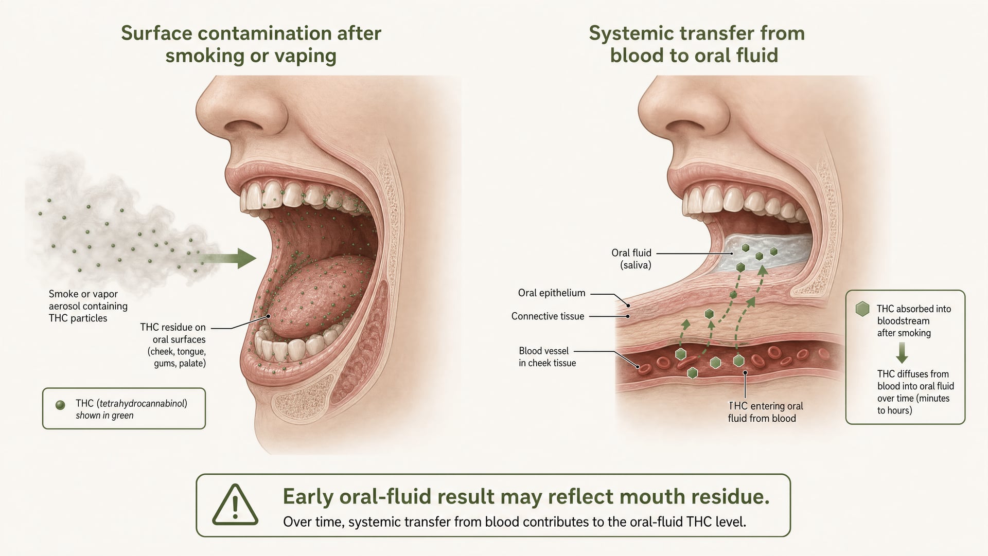 Split diagram showing THC residue in the mouth and THC entering oral fluid from blood