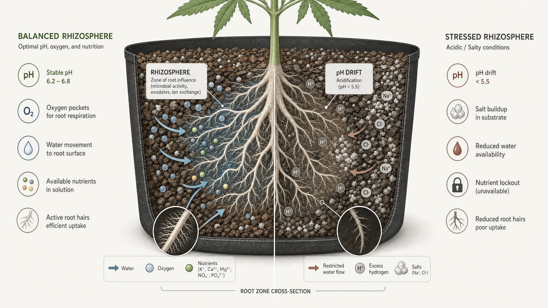 Diagram of cannabis roots in substrate showing how pH drift and salt buildup change nutrient availability.